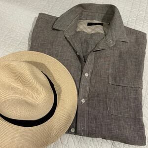 TASSO ELBA Men's Linen Blend Shirt Brown Sz XXL Tweed Style Relaxed Fit Bahamas